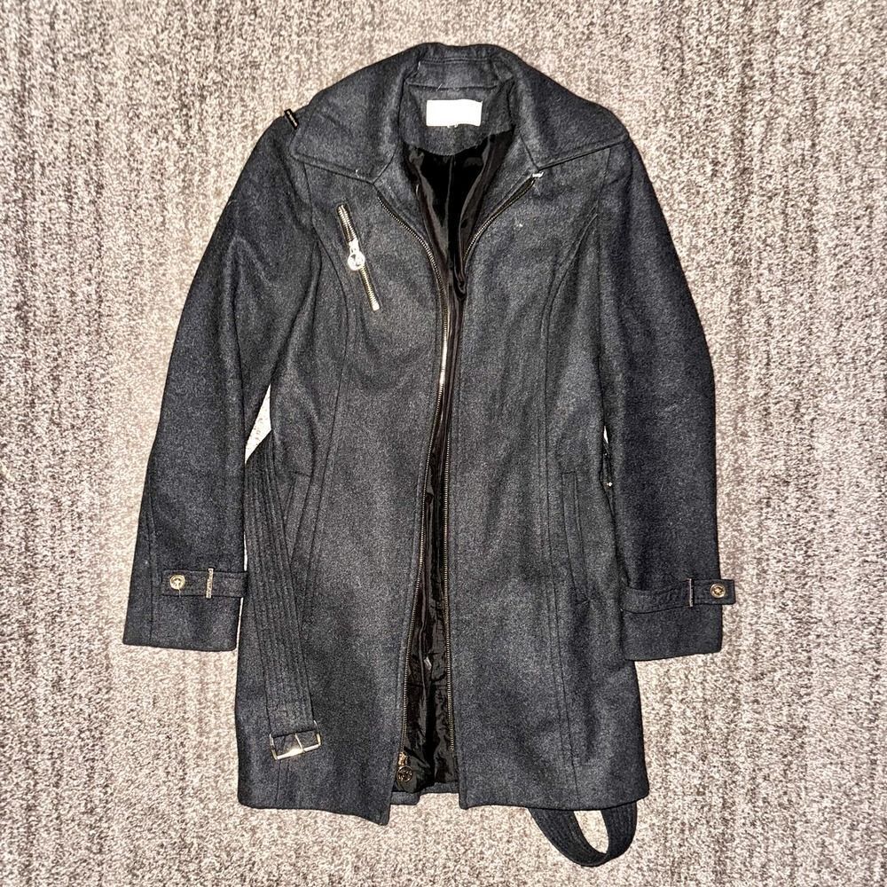 Michael Kors Women's Grey Wool Blend Gold Zipper Front Coat Jacket